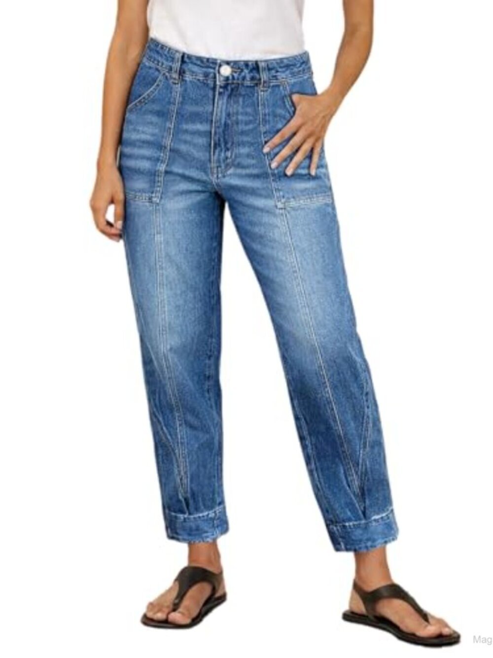 High Rise Straight Leg Loose Fit Jeans Seam Front Patch Pockets Washed Denim